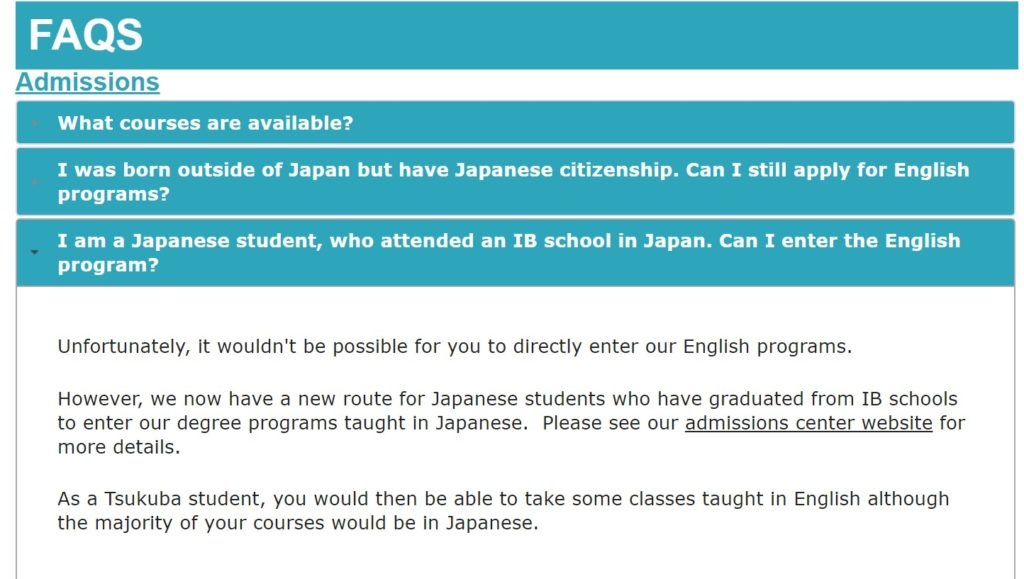 筑波大学　日本IB生は英語コースに入れない。